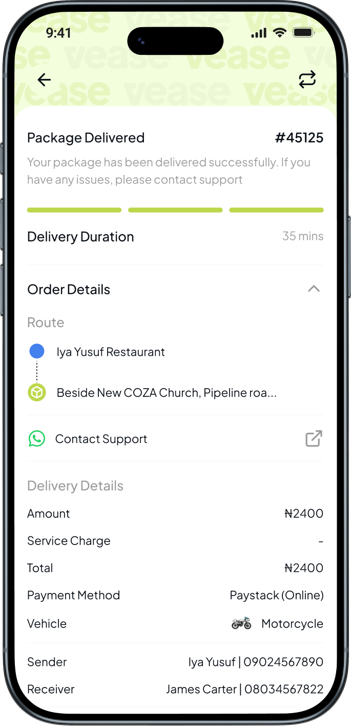 Vease app — package delivered receipt